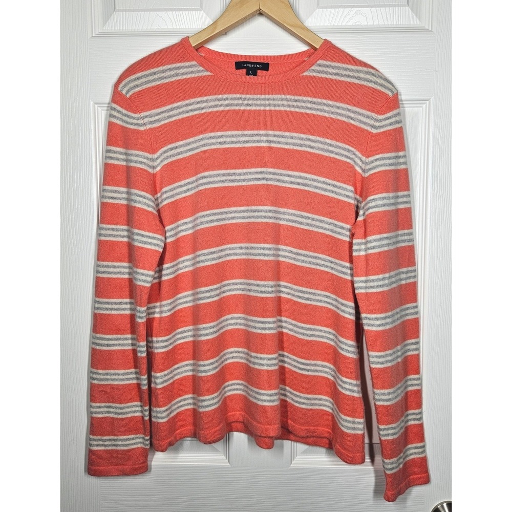 Lands End Womens 100% Cashmere Striped Sweater Coral‎ Pink Grey Crew Neck L Soft